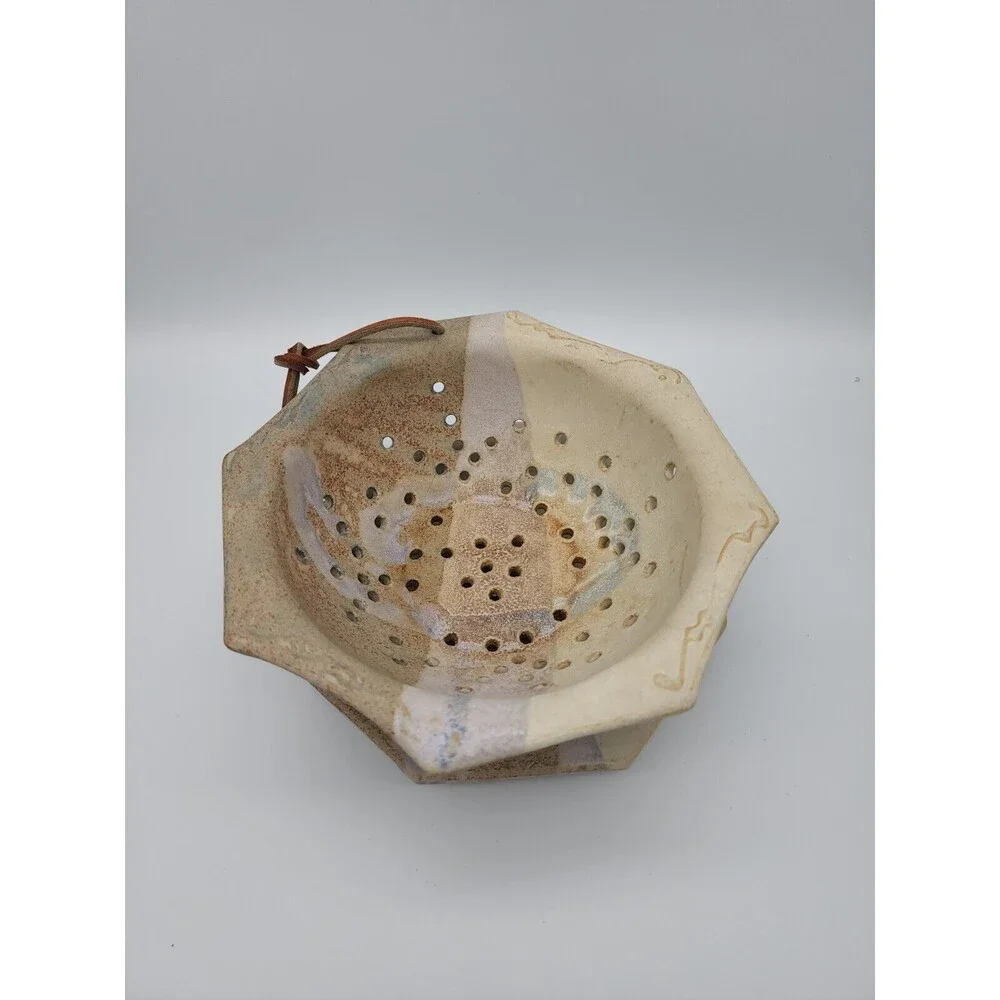 Berry Bowl Pottery Strainer & Dish Signed SR Allen TN NEW Hanger Octagonal